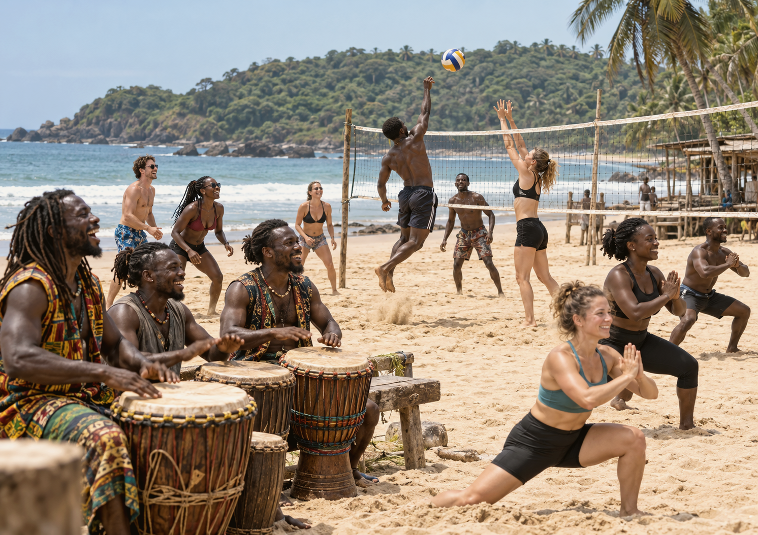 Beach sports and drumming in Busua